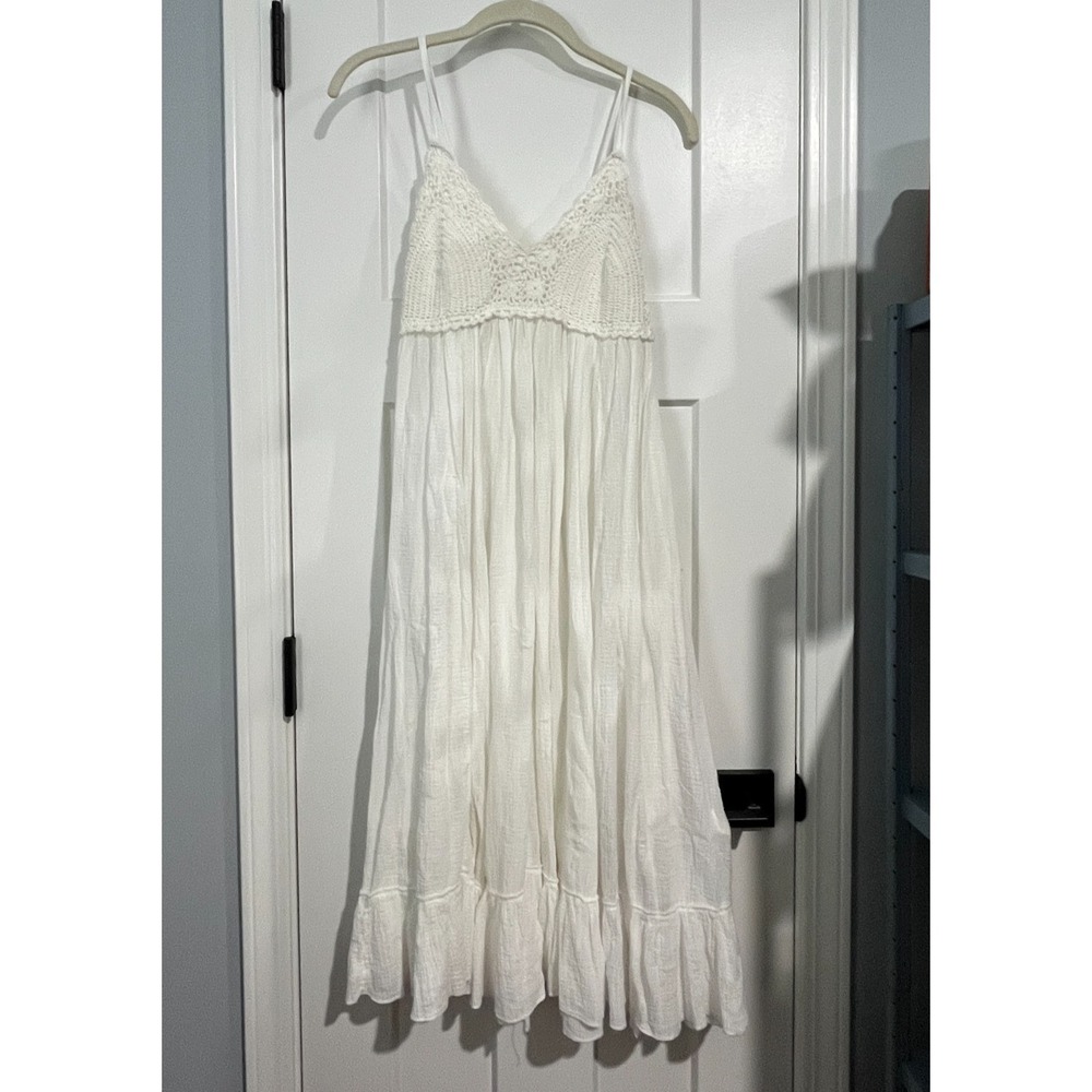 Monoreno Womens Y2K Fairy Crochet Ruching Hem Babydoll Dress M Preppy Bohemian